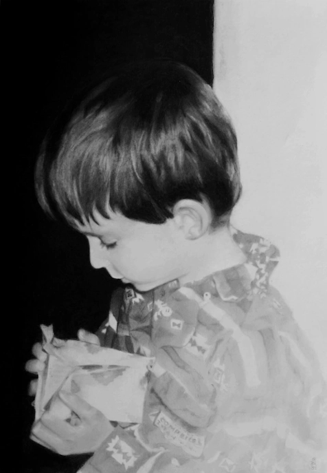 portrait dessin d'un jeune enfant, d'après photo, dessin, fusain et Graphite, détail